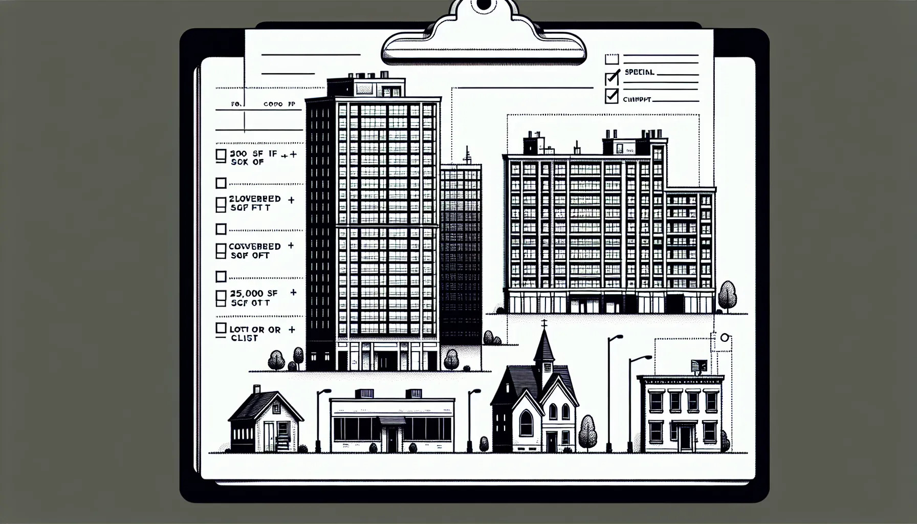 Line art of NYC buildings showing which types are covered by Local Law 97.