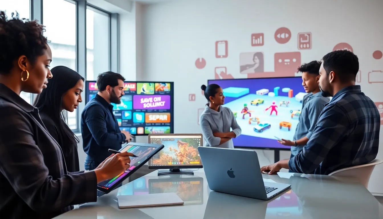 diverse game developers collaborating in a modern office.