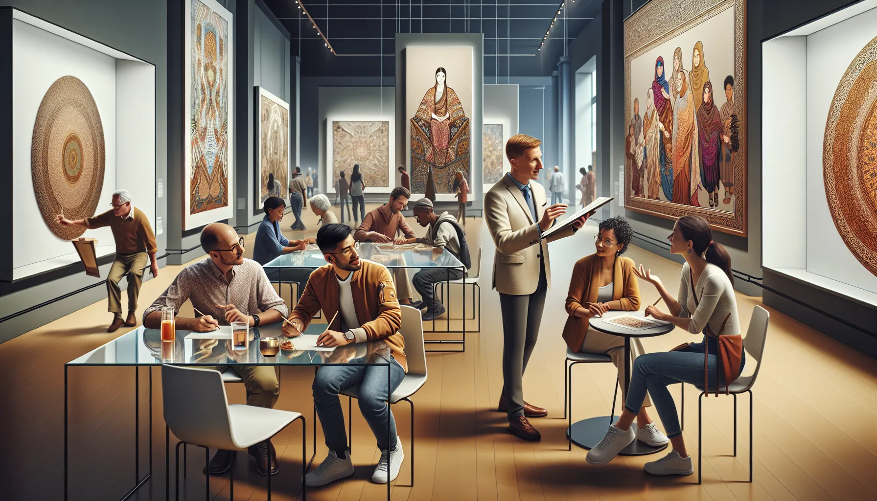 diverse visitors engaging in art activities at a modern museum.