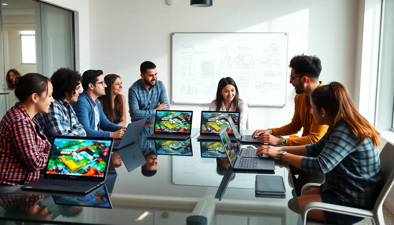 diverse team discussing game development in a modern office.