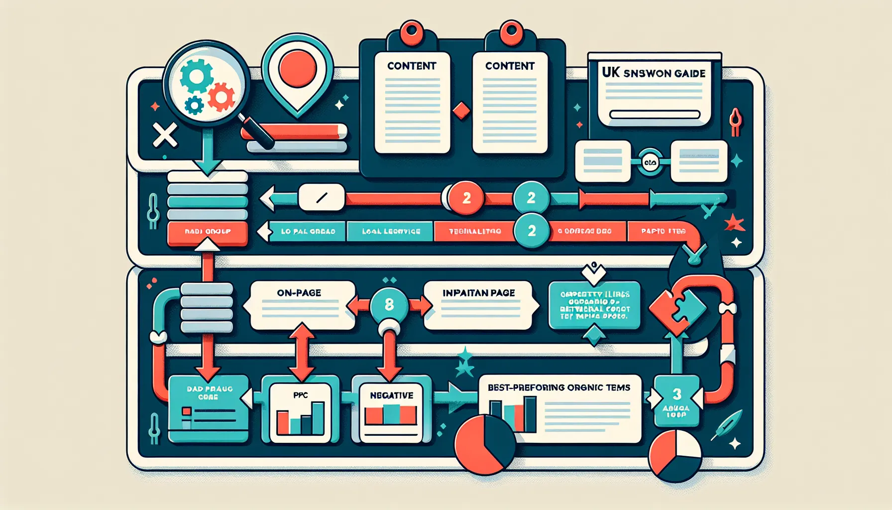 Flowchart turning competitor keyword checks into UK content, SEO fixes, and PPC actions.