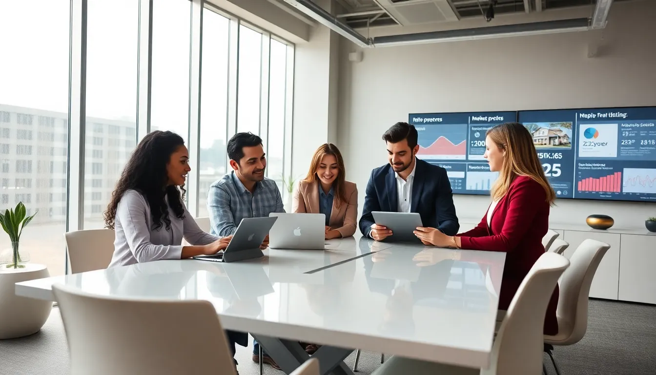 diverse real estate management team collaborating in a modern office.