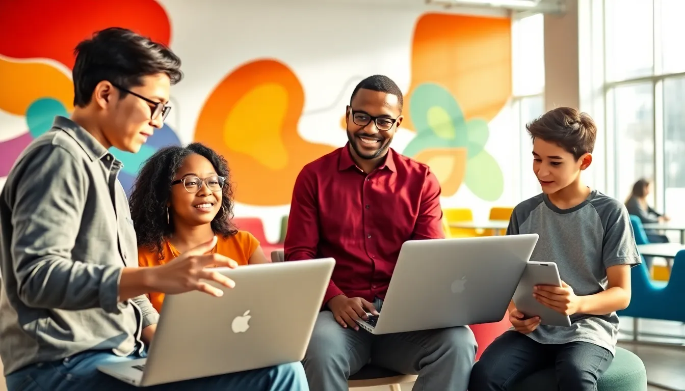 diverse group engaging in discussion in a modern co-working space.