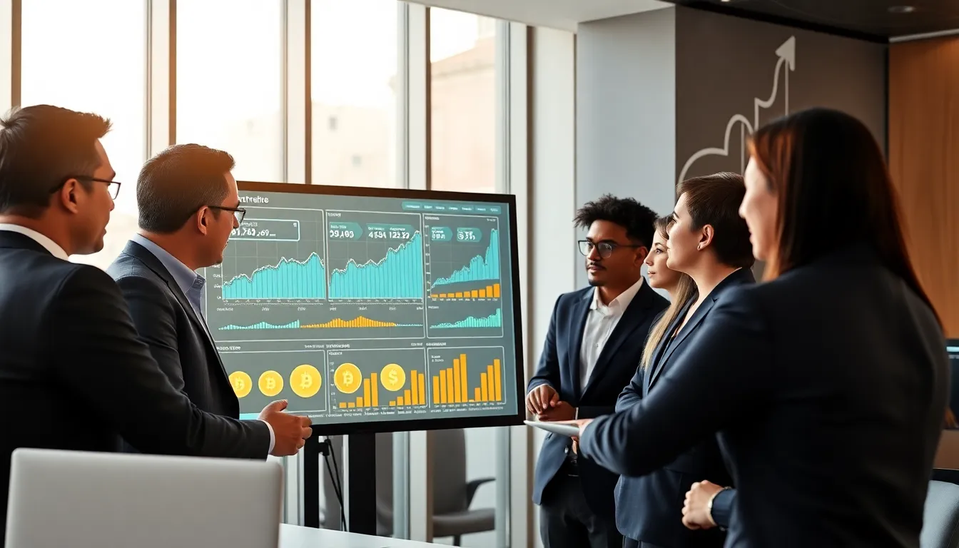 professionals discussing cryptocurrency market trends in a modern office.