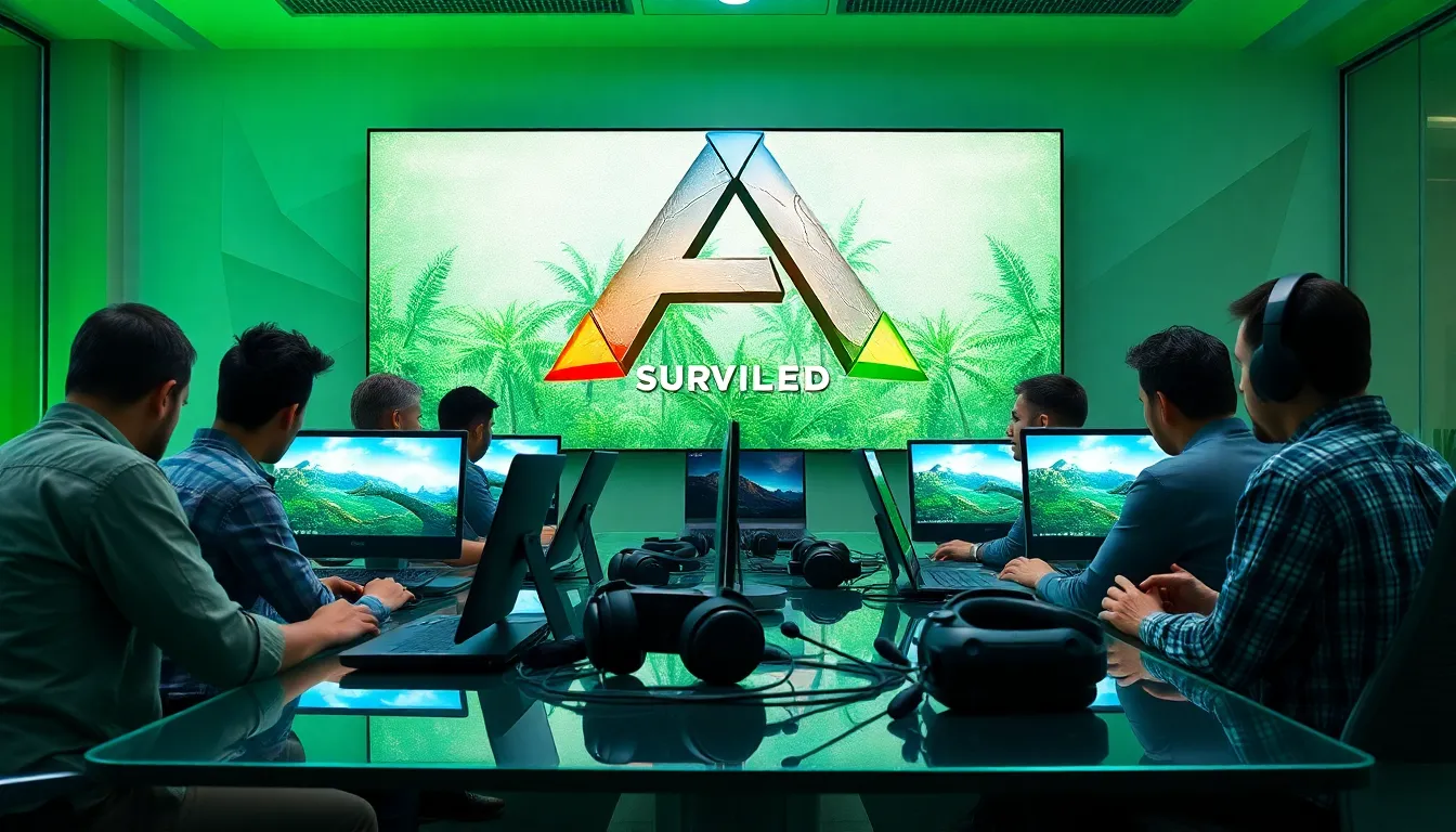 diverse players engaging with Ark: Survival Evolved in a modern office.