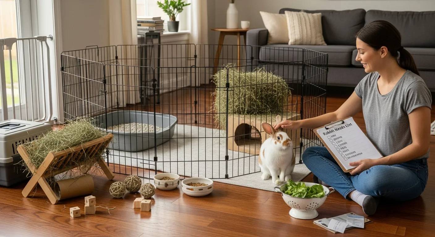 Rabbit Needs List: Essential Care For A Happy, Healthy Bunny Woman checking a rabbit needs list beside a spacious indoor rabbit setup.