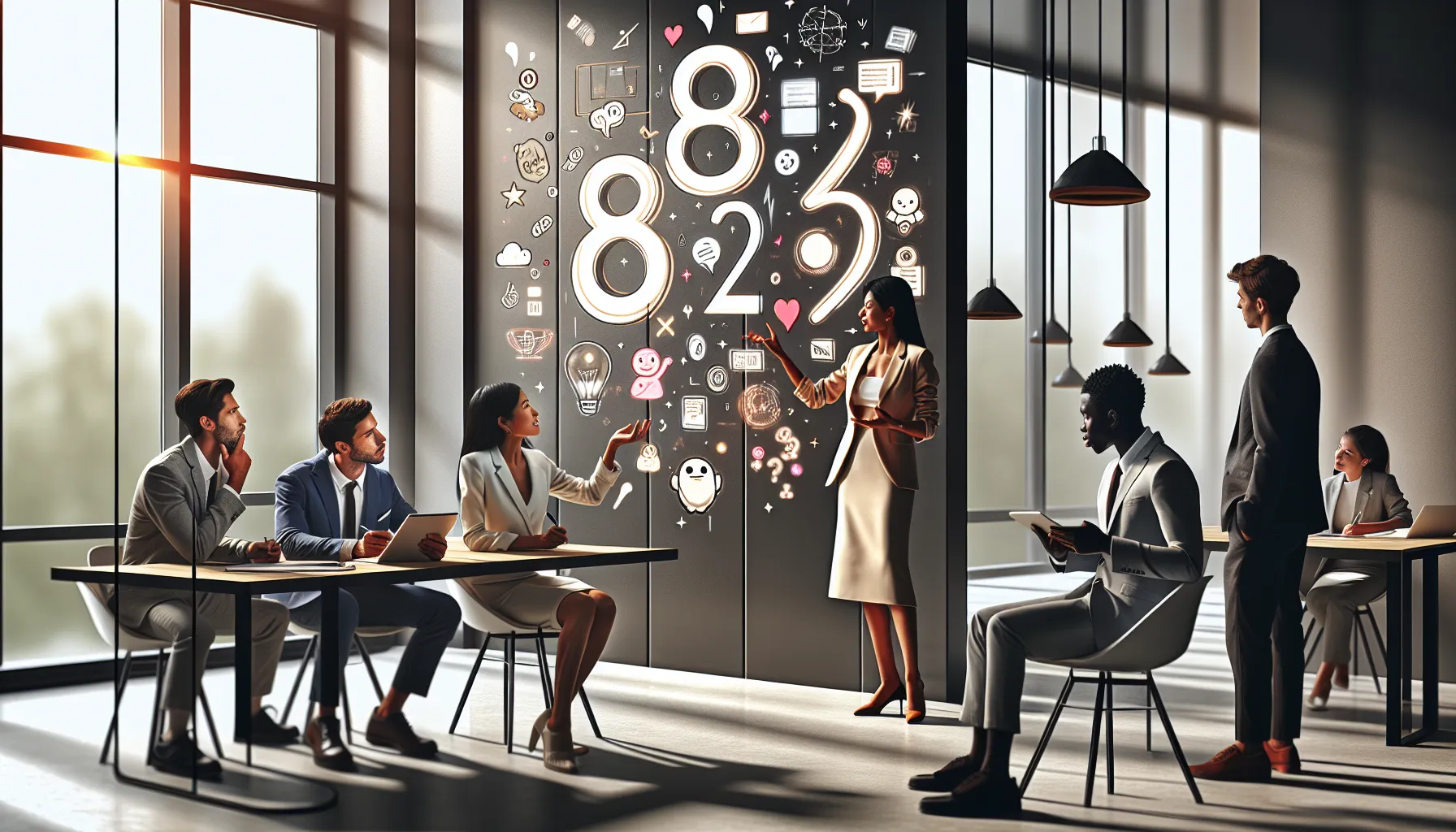diverse team discussing meaningful numbers in a modern office.