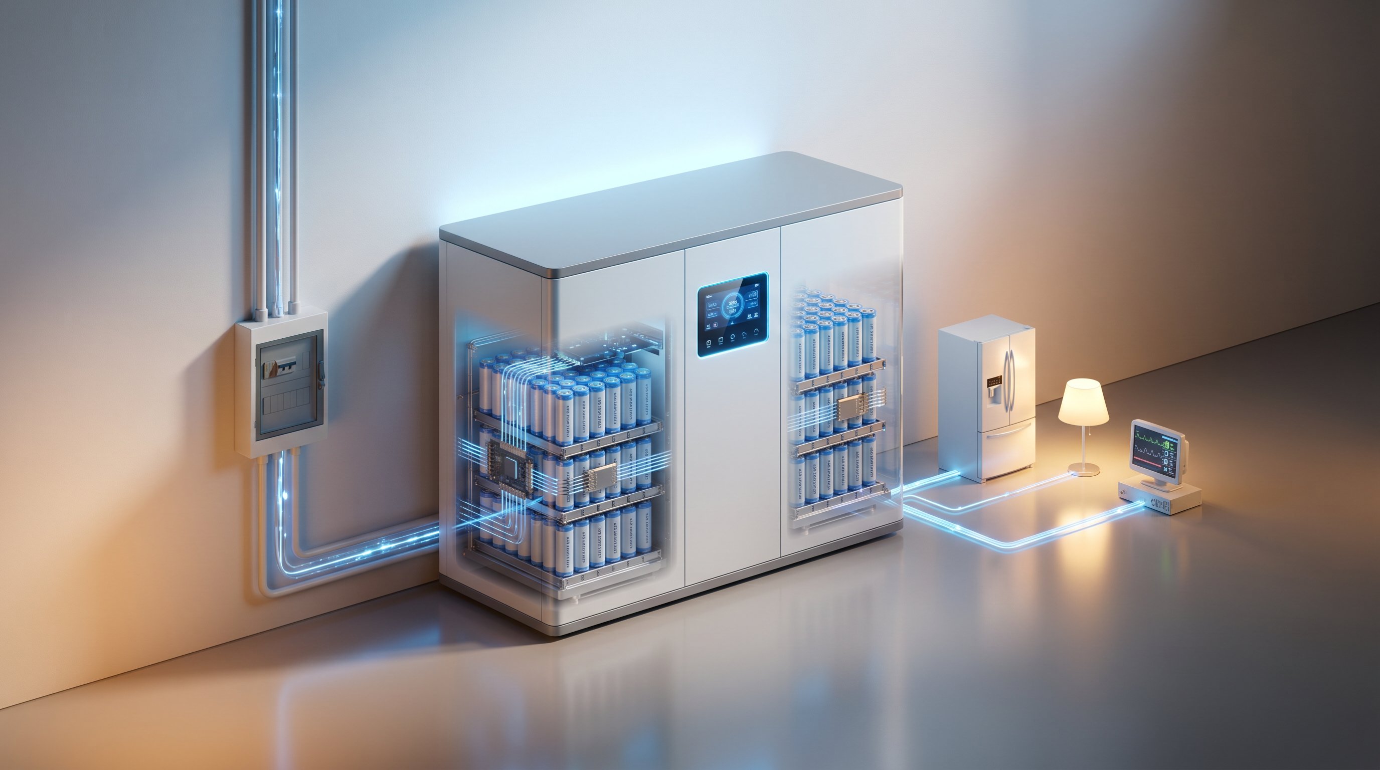 3D render of modern home battery backup system in residential interior with energy flow visualization.