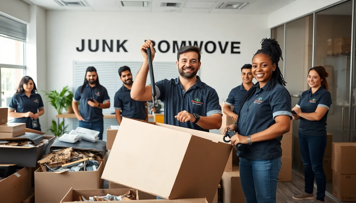 diverse junk removal team working in an organized office space.
