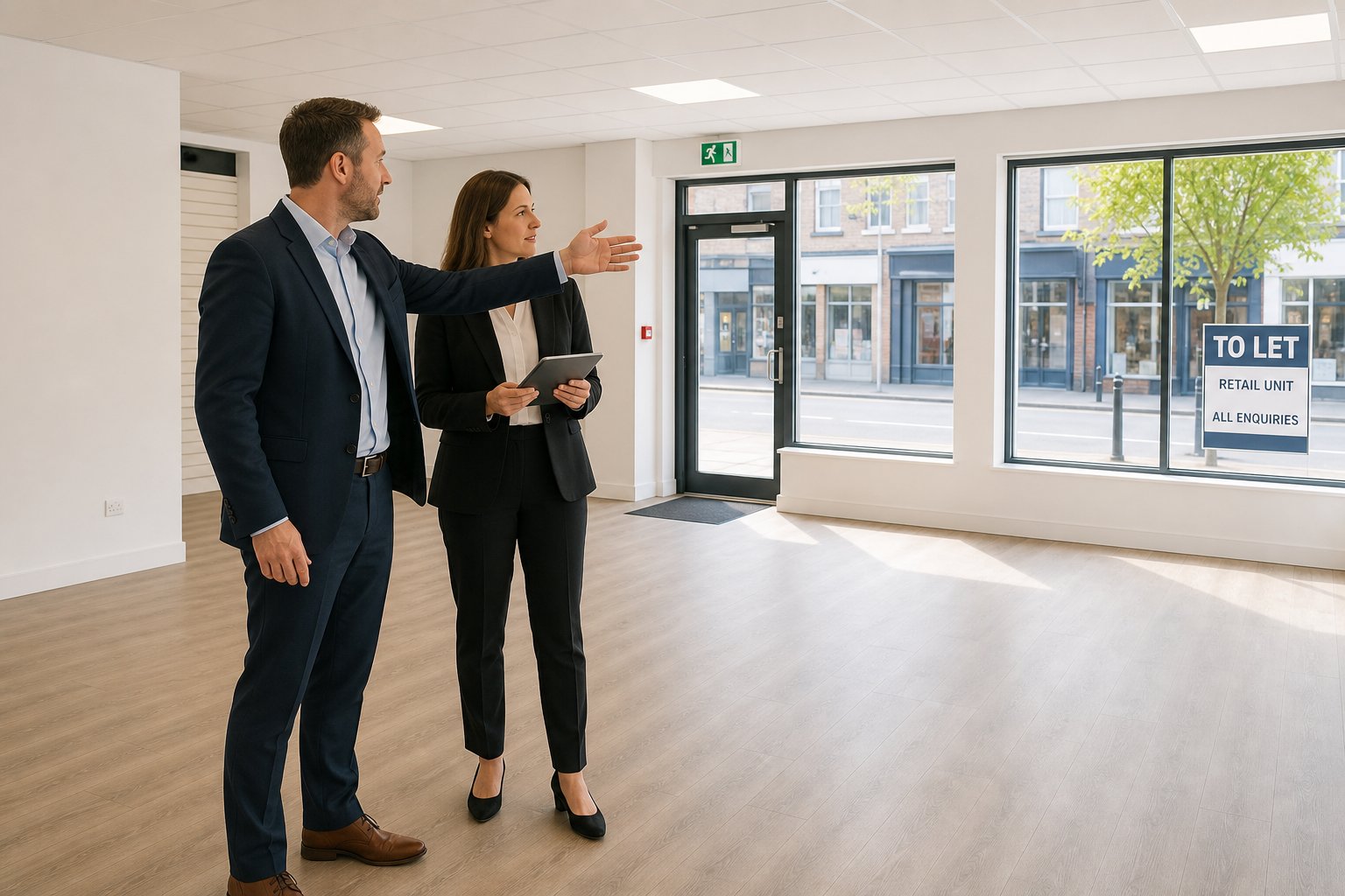 Two finance professionals discussing an empty retail unit with a tablet in bright natural light.
