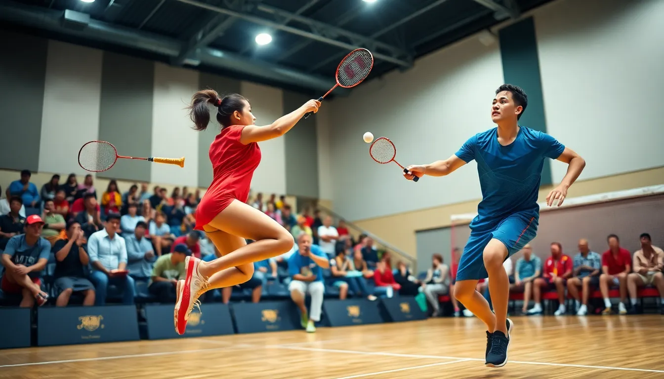 players competing in a thrilling badminton match in an indoor arena.