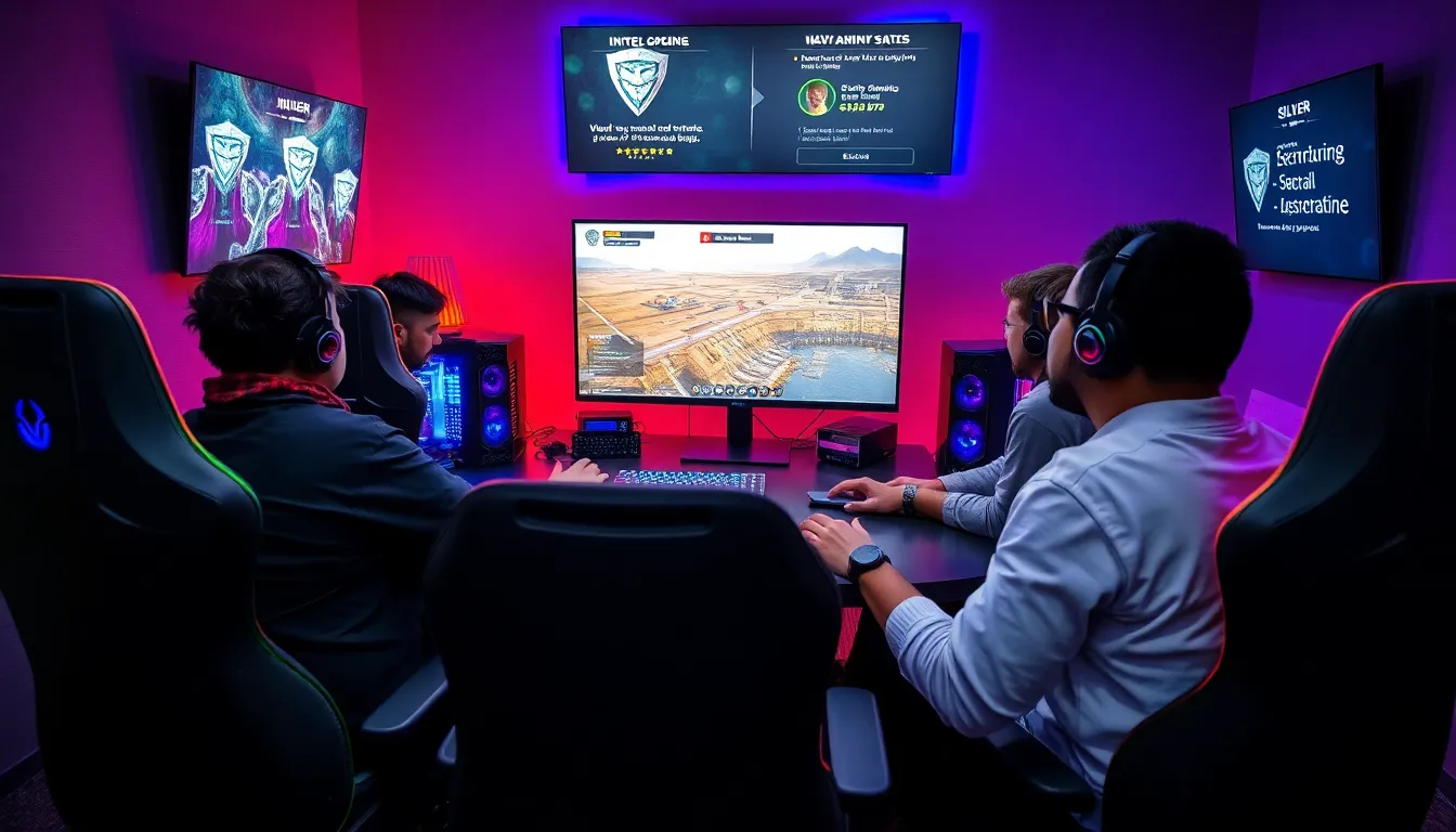 diverse gamers strategizing in a high-tech gaming environment.