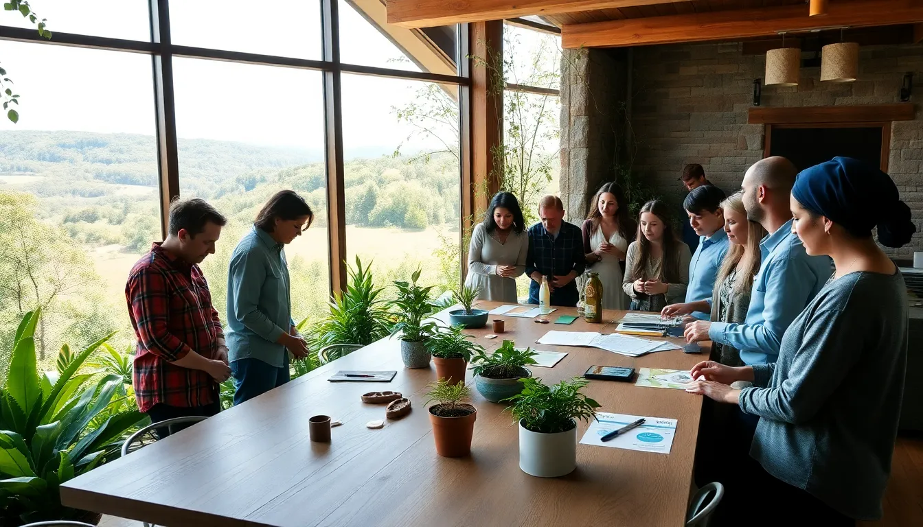 diverse group engaging in sustainable living workshop at an eco-center.
