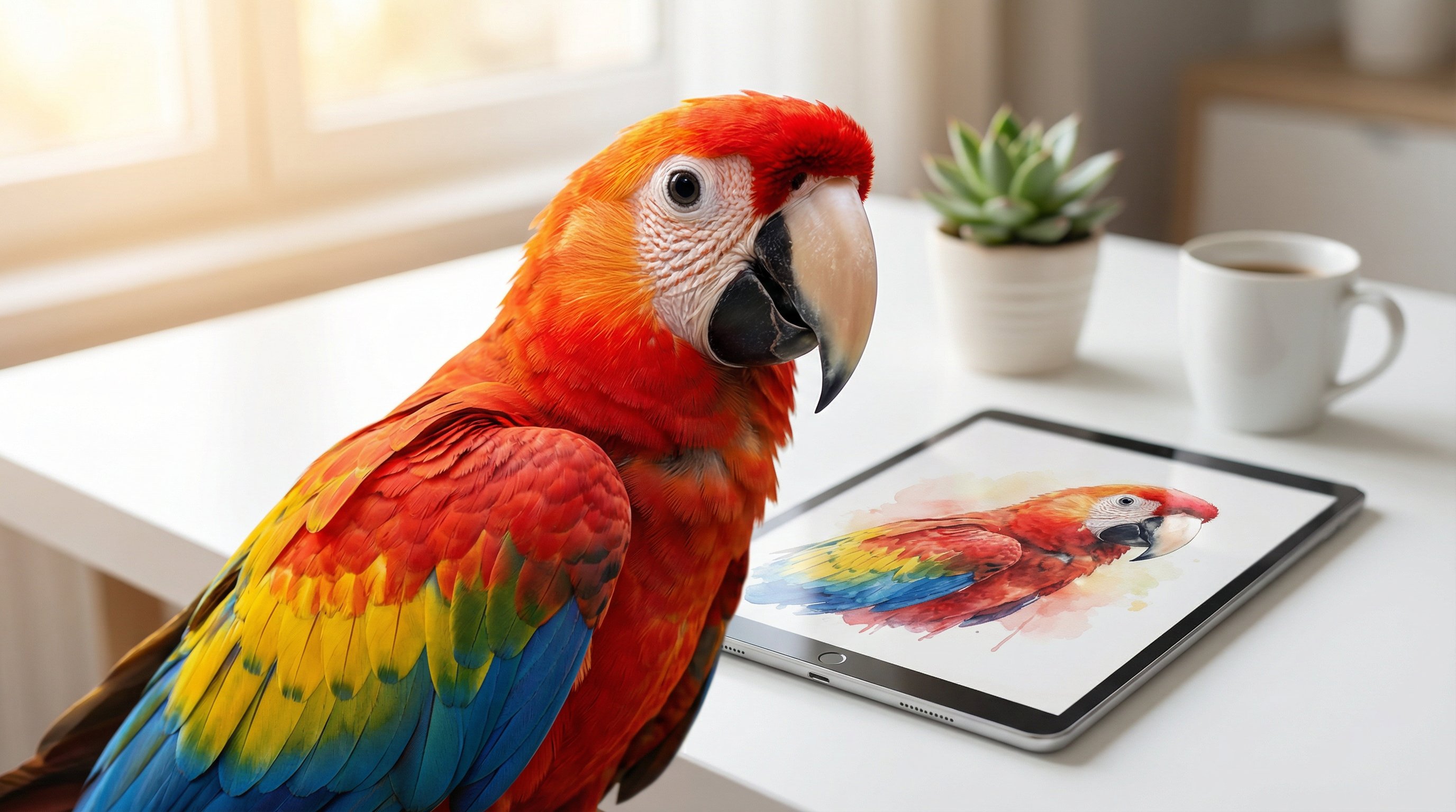 Scarlet macaw beside a tablet showing its custom digital portrait.