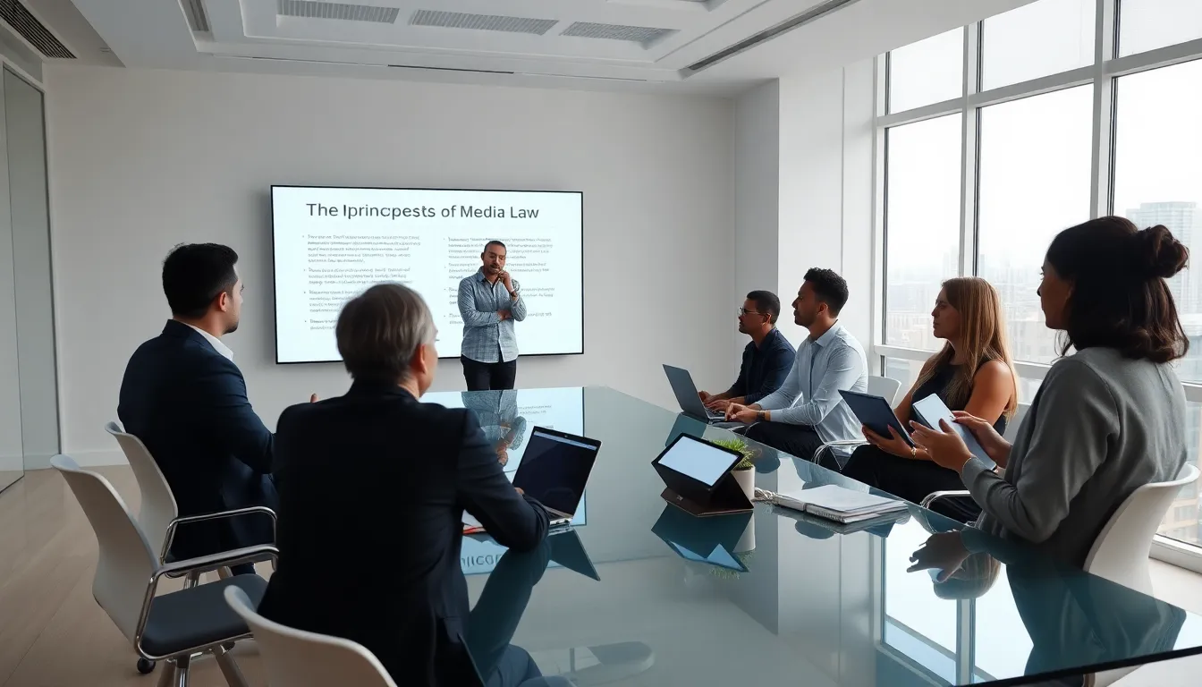 diverse media professionals discussing media law concepts in a modern office.