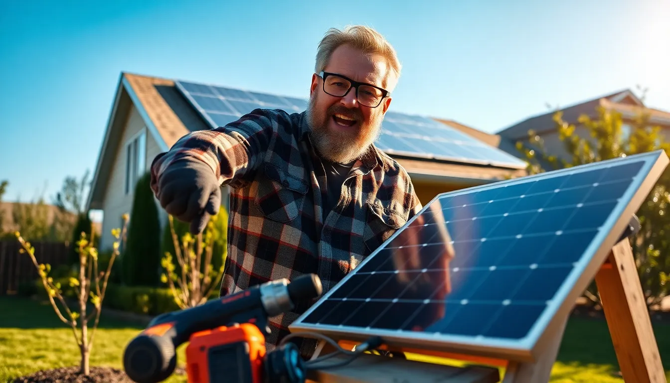 A man installing solar panels on his home's roof in a sunny neighborhood.