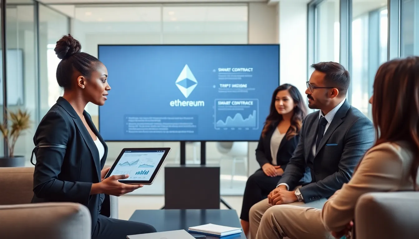 diverse team discussing Ethereum technology in a modern office.