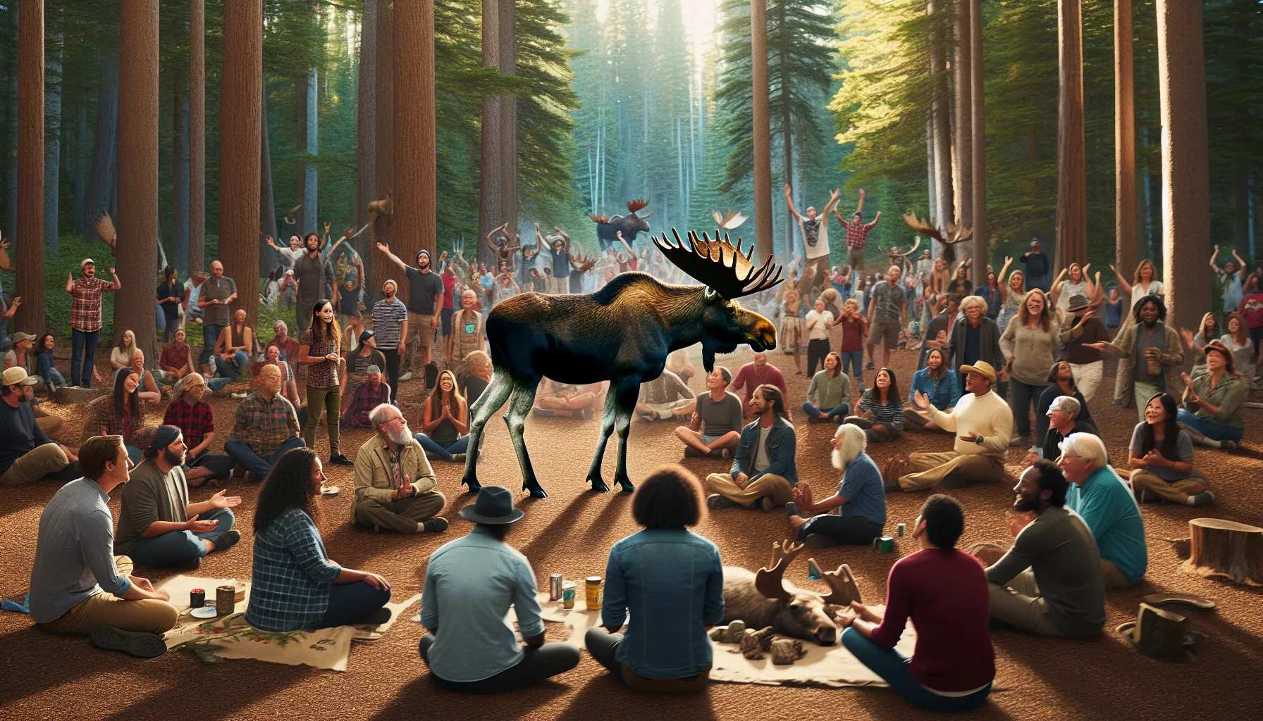 diverse community celebrating älgföuga with a moose in a forest setting.