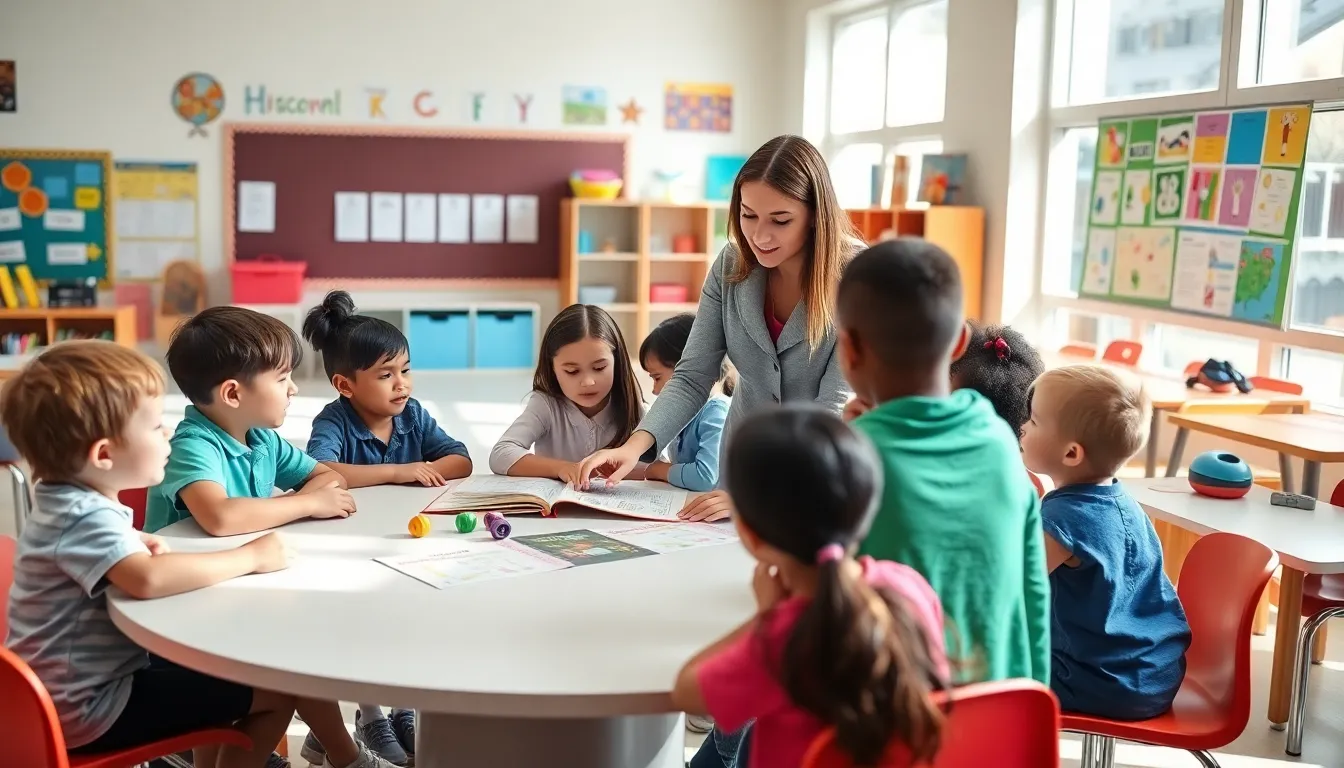 children collaborating in a modern elementary school classroom.