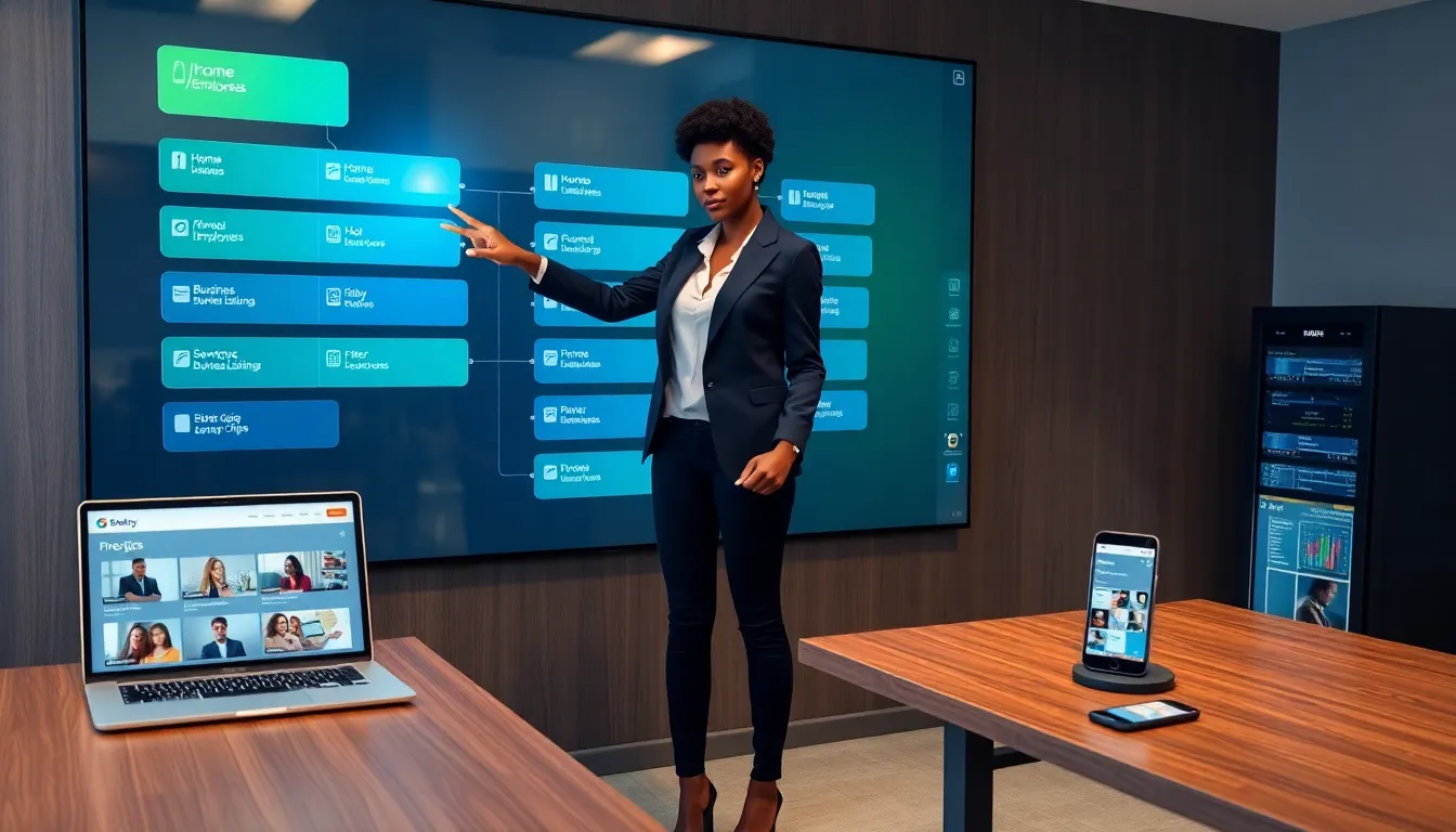 professional woman interacting with a large digital directory map in an office