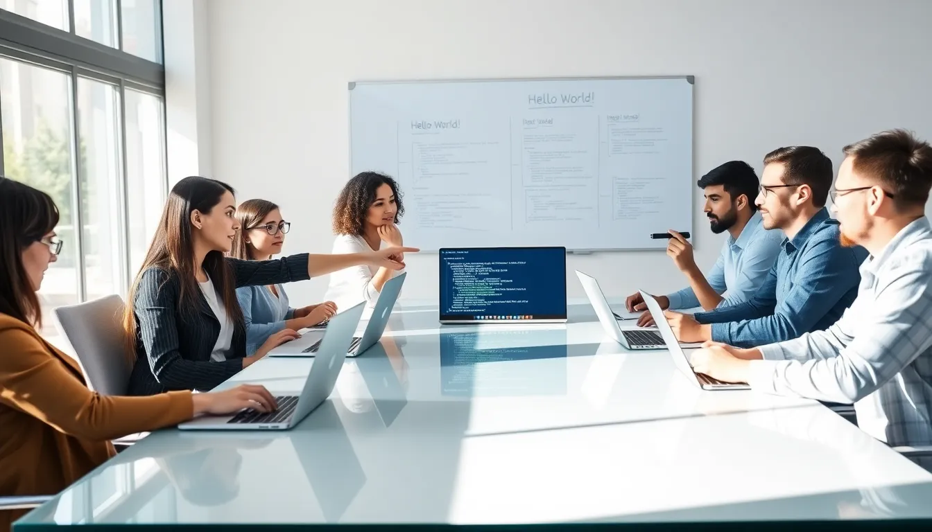 programmers collaborating on C++ code in a modern office.