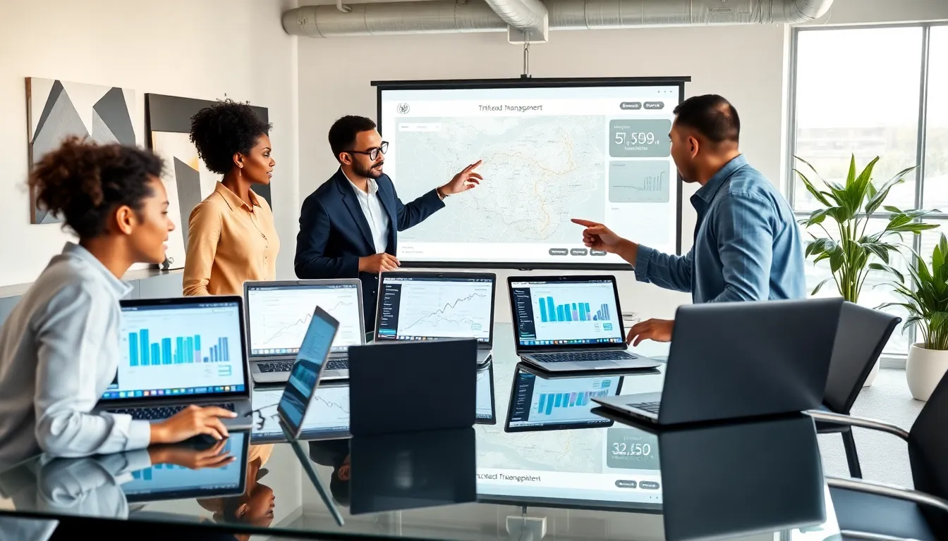 diverse team collaborating on transportation software in a modern office.