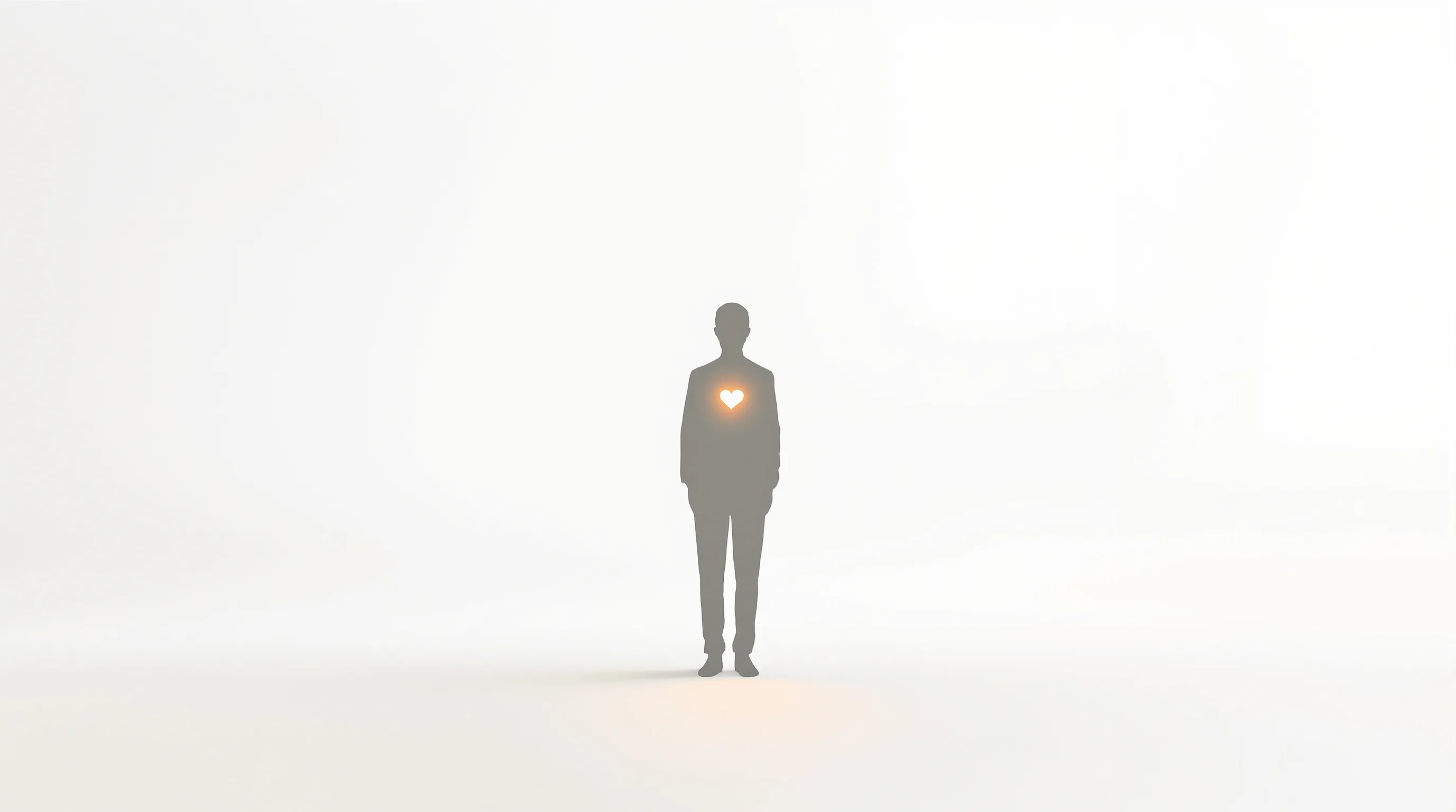 Simple outline of a person with a glowing heart symbolizing inner confidence.
