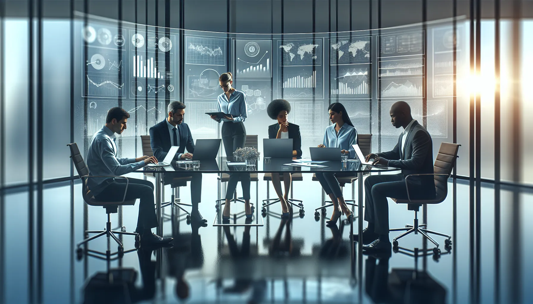 diverse team discussing data in a modern office.
