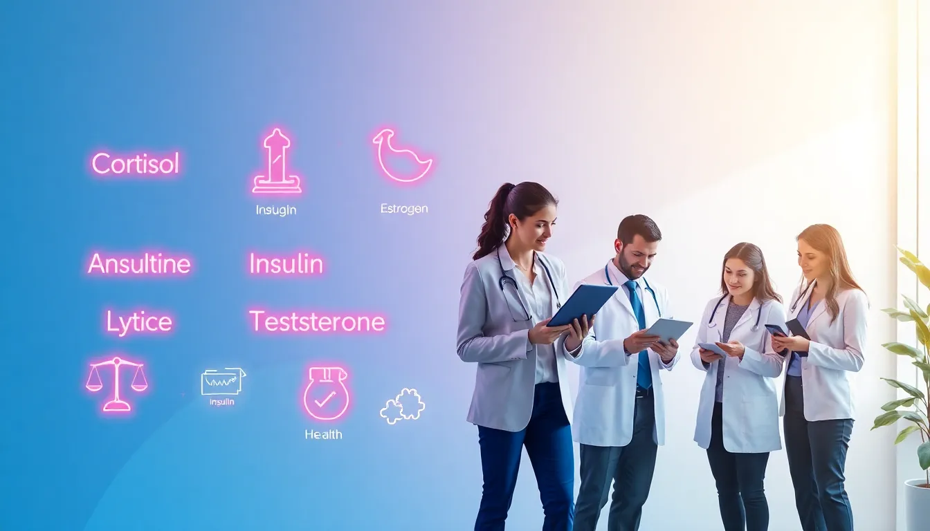 healthcare professionals discussing hormones in a modern office.