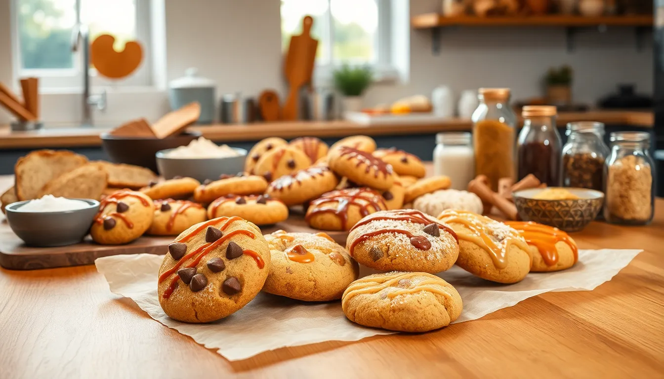 variety of freshly baked bread cookies on a wooden table.