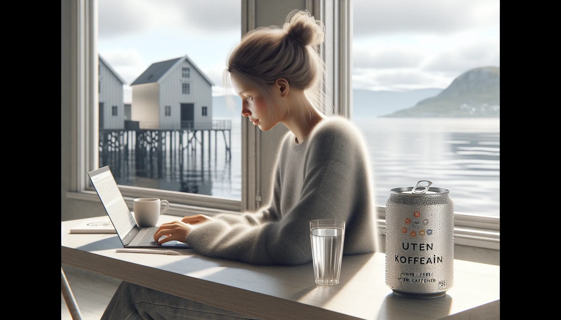 Young woman in norway drinking caffeine-free b-vitamin drink while working at home.
