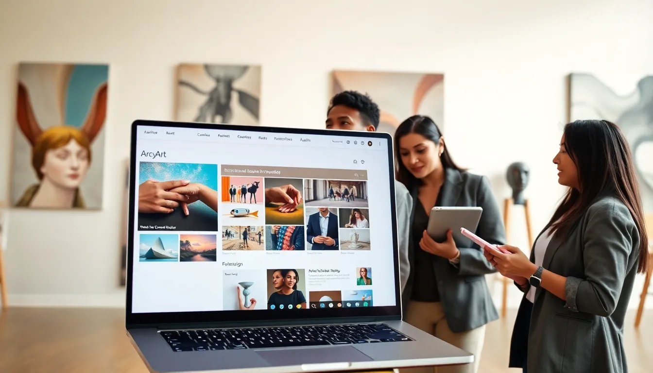 diverse artists discussing artworks on a laptop in a contemporary studio.