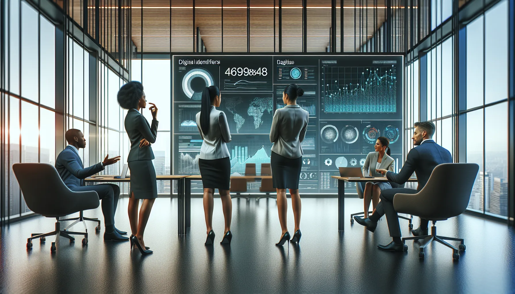 professionals discussing data in a modern office setting.