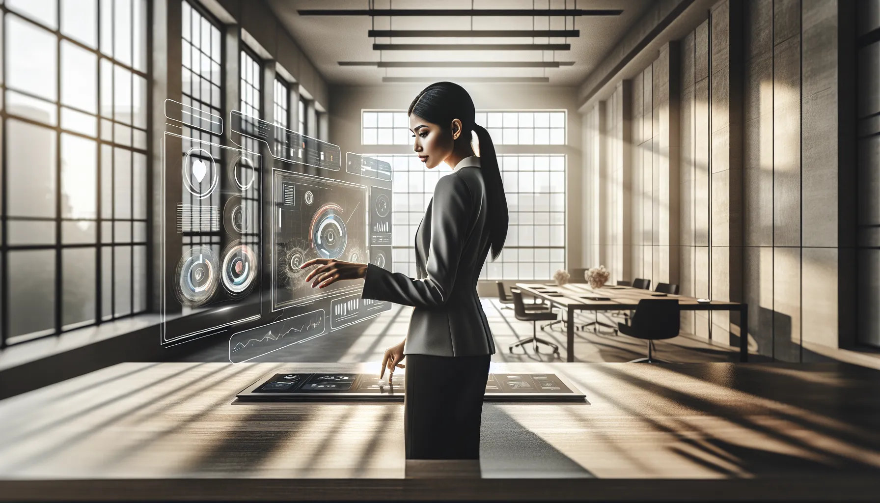 professional woman analyzing features of yvaxfeva in a modern office.