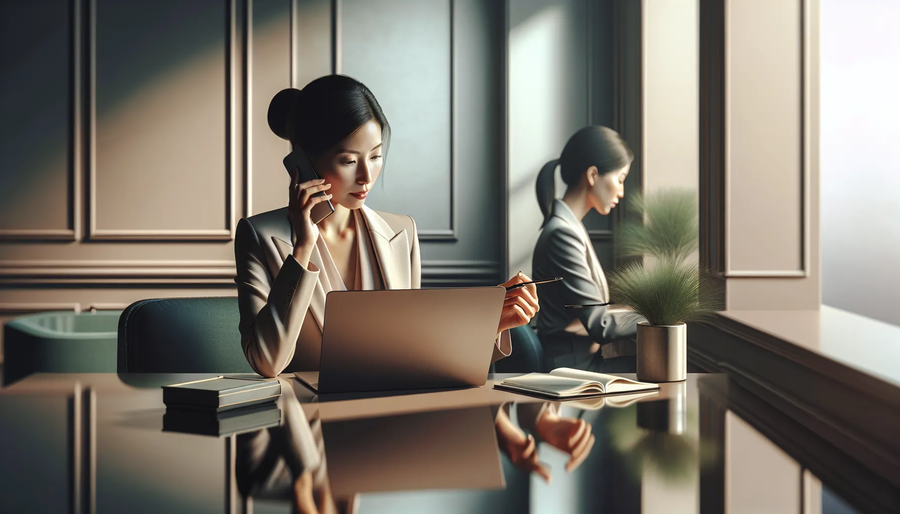 professional assessing unknown call at a desk in a modern office.