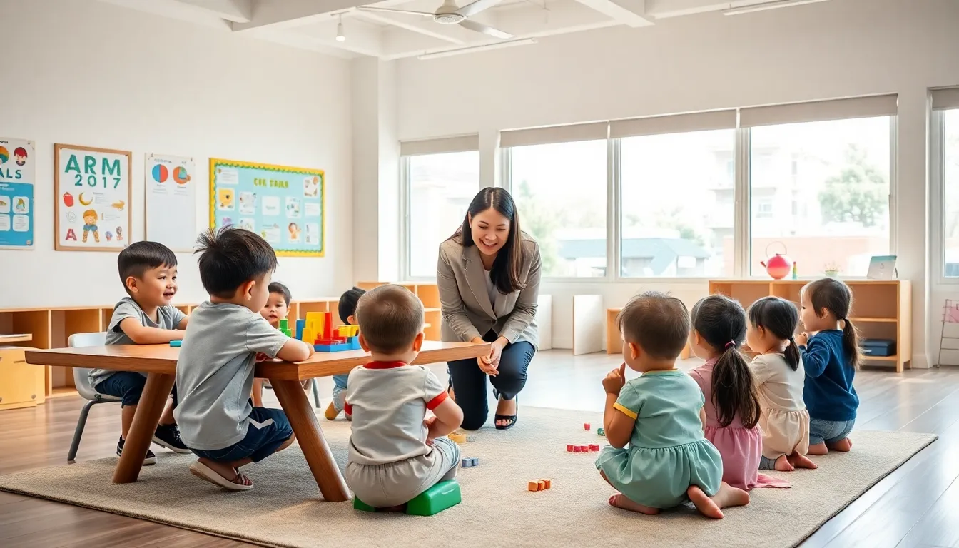diverse children learning through play in a modern classroom.