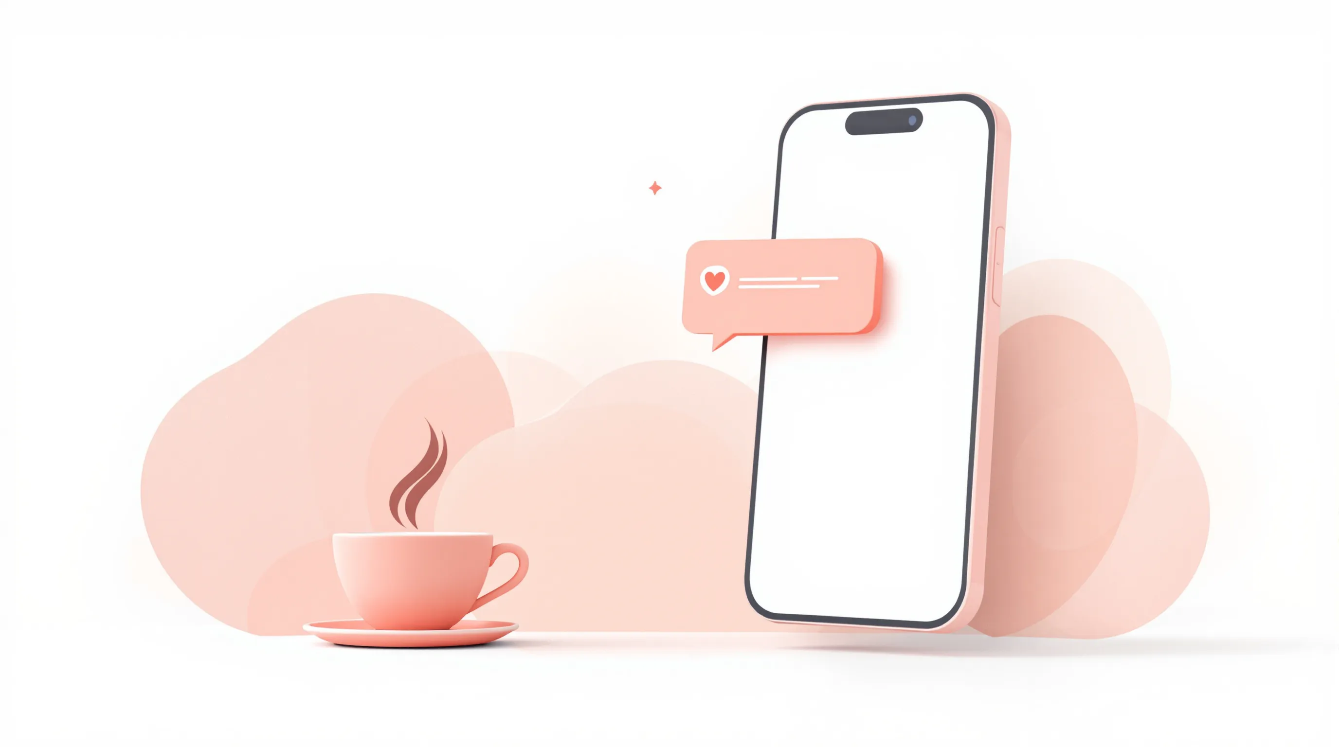 Minimalist smartphone with speech bubble, heart icon, and coffee cup on white background.