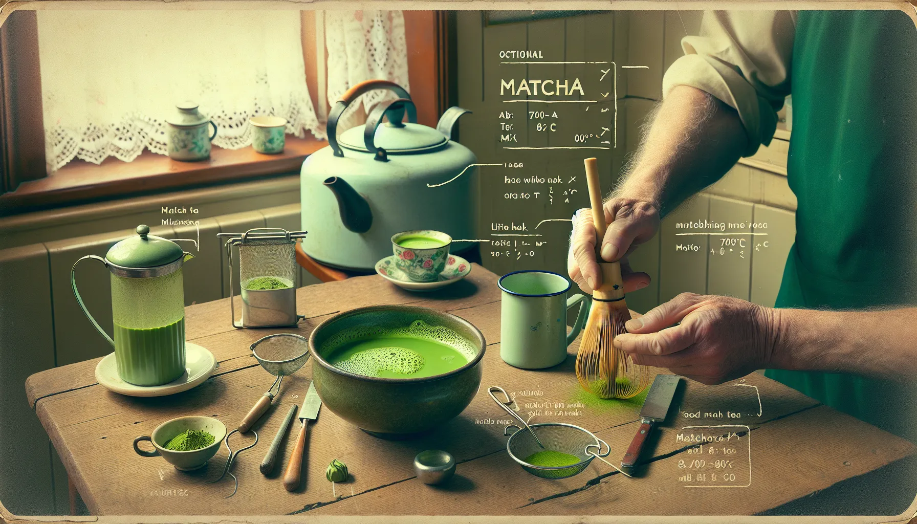 Hands whisk matcha in a chawan on a vintage Irish kitchen table.