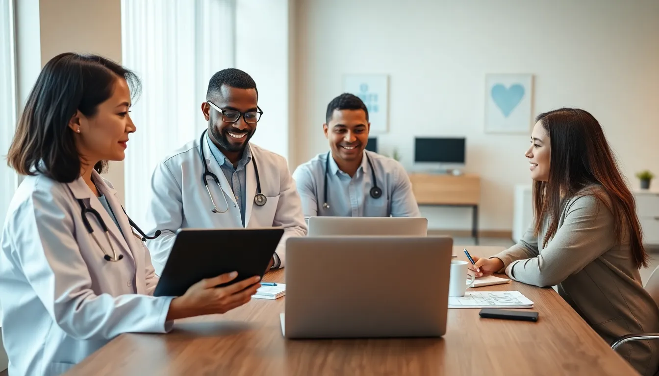 diverse healthcare professionals engaging with an online platform in a modern office.