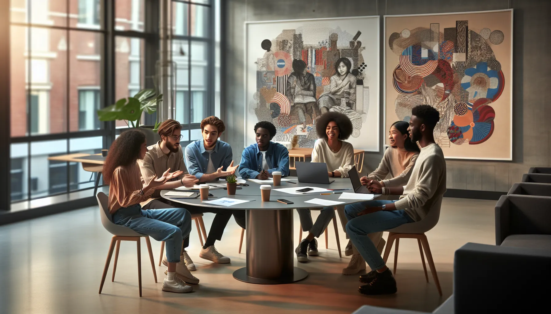 diverse young adults discussing cultural heritage in a co-working space.