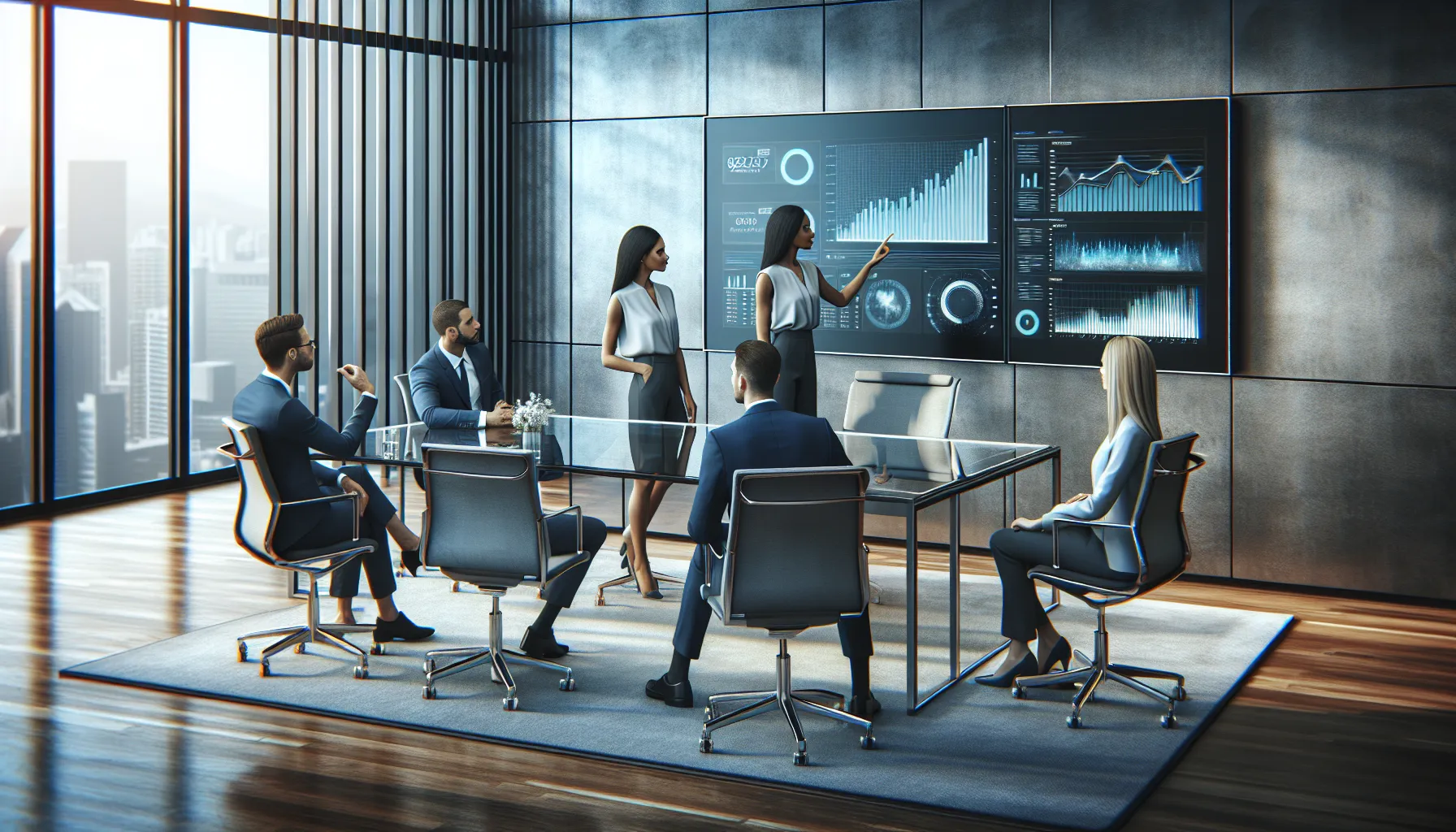 diverse team analyzing data in a modern office setting.