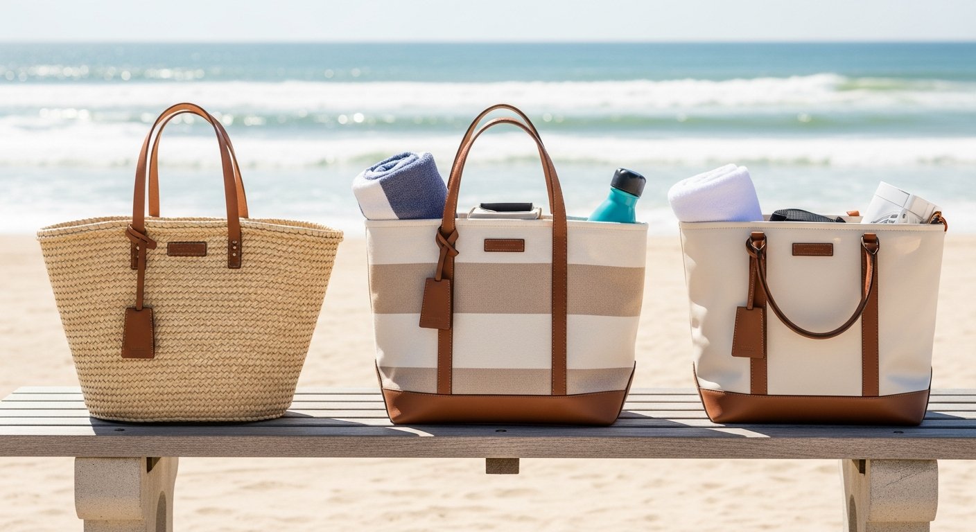 Stylish beach bags with summer essentials arranged by the shore.