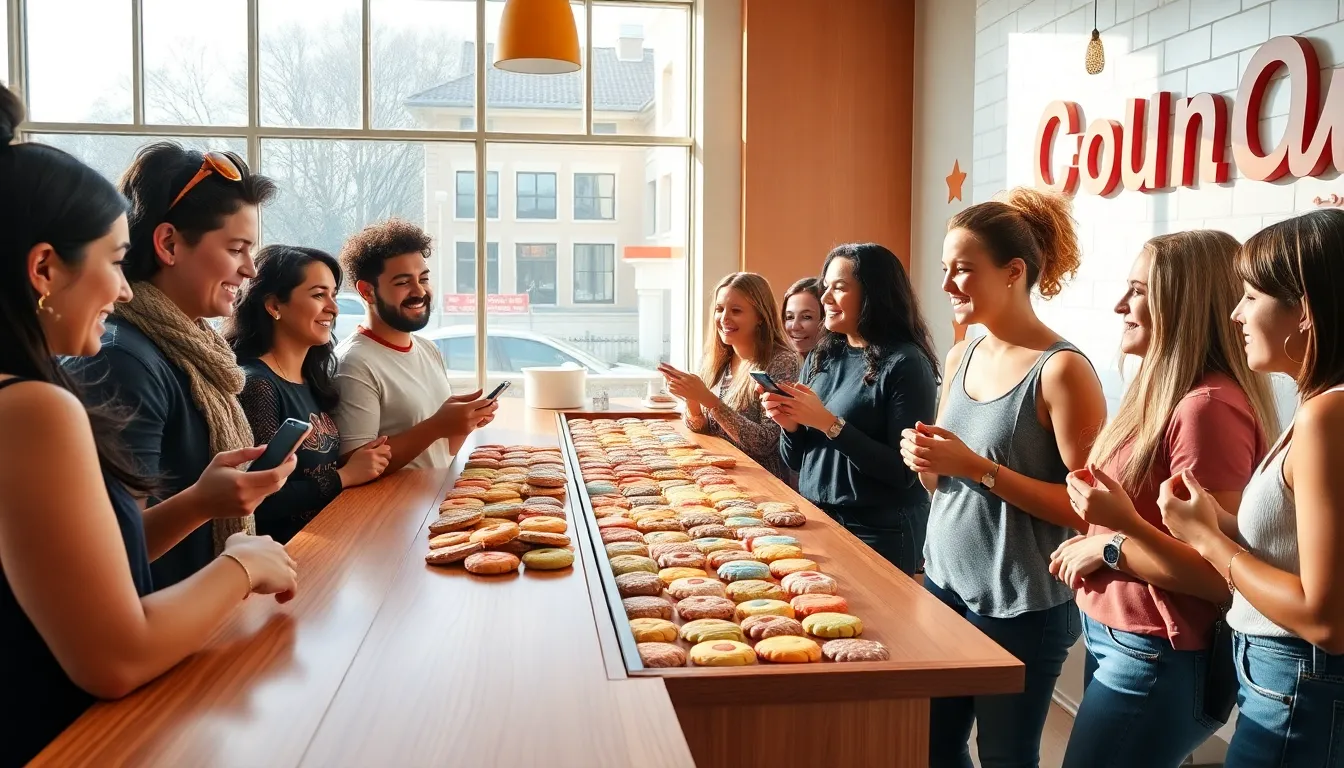 young adults enjoying Crumbl Cookies in a modern bakery.