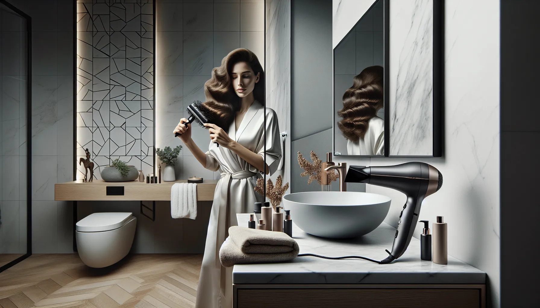 Young woman using a fönborstw in a modern bathroom.