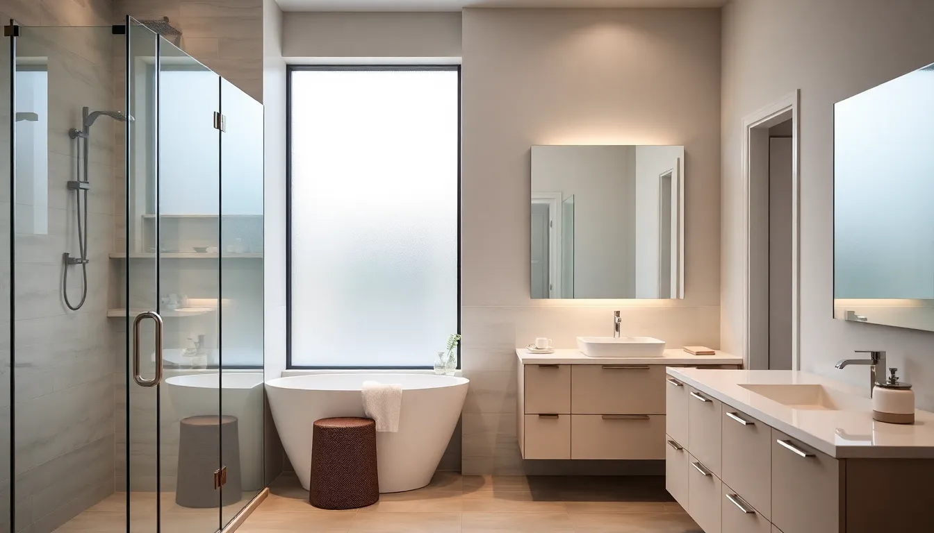 modern renovated bathroom with elegant design and natural light.