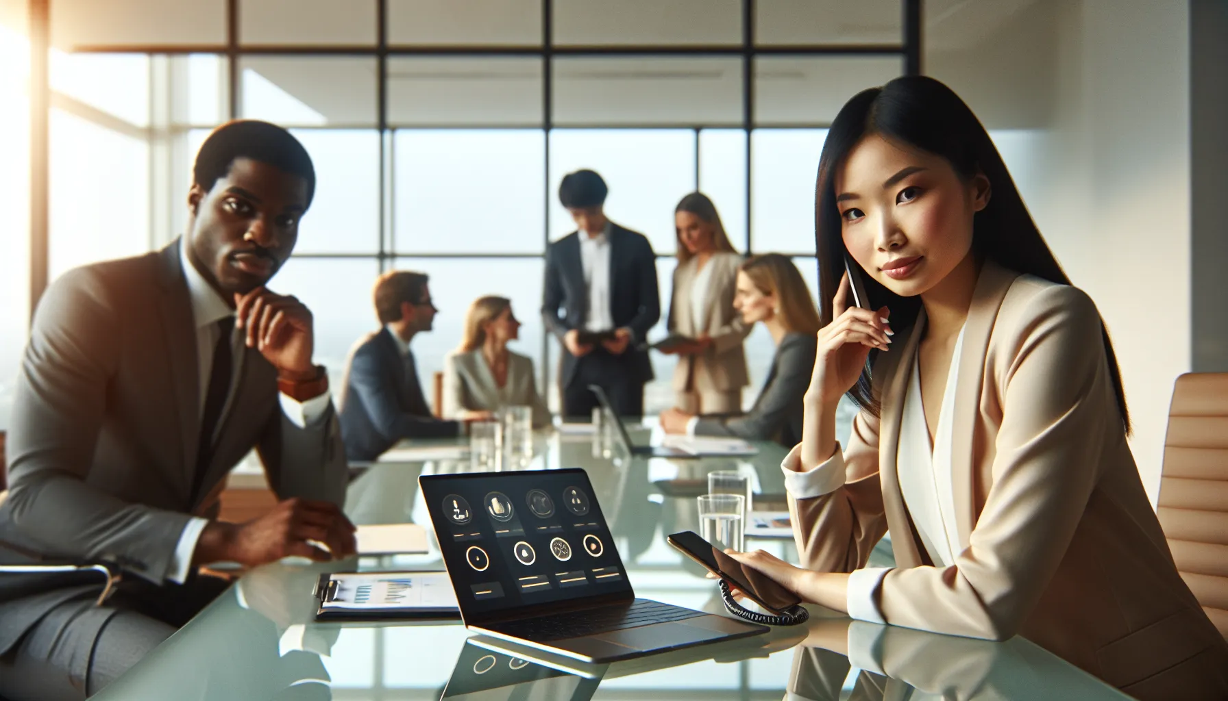 diverse team collaborating on phone call instructions in a modern office.