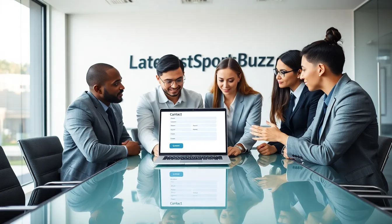 diverse team collaborating on a contact page in a modern office.