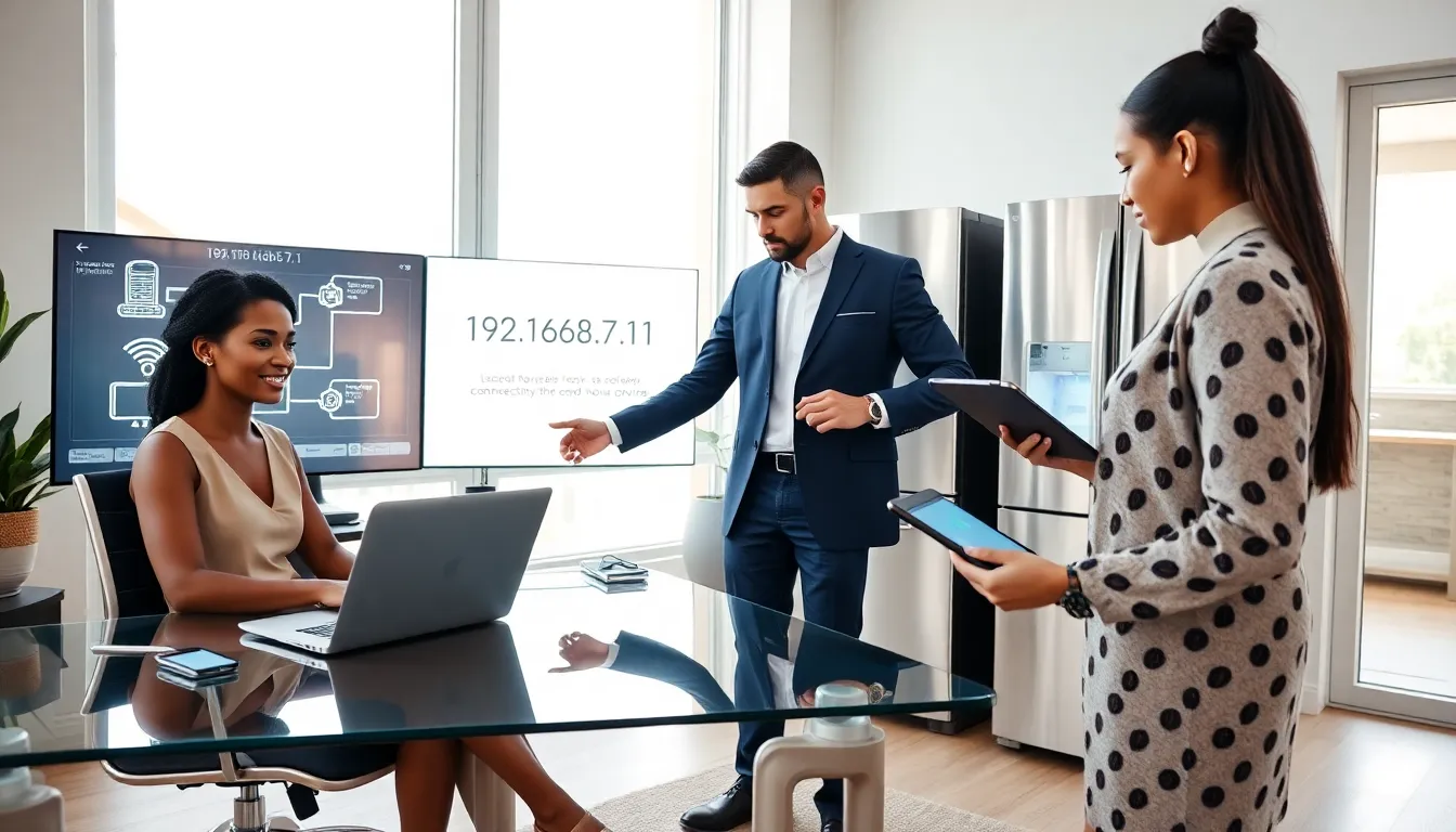 professionals in a modern office managing a home network.