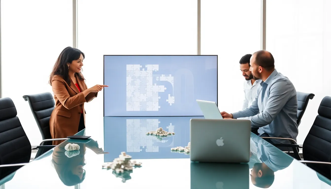 diverse professionals collaborating on a word puzzle in a modern office.
