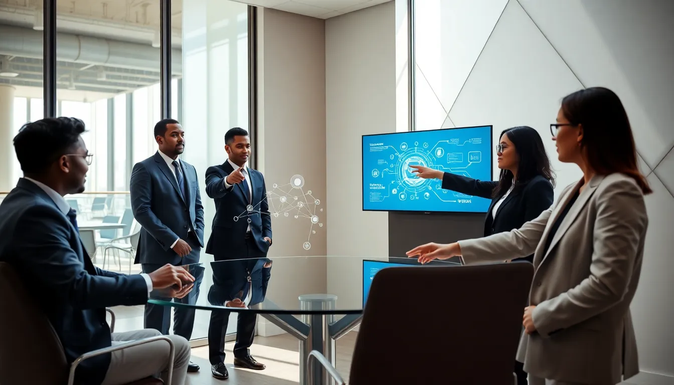 diverse professionals collaborating in a modern office setting.